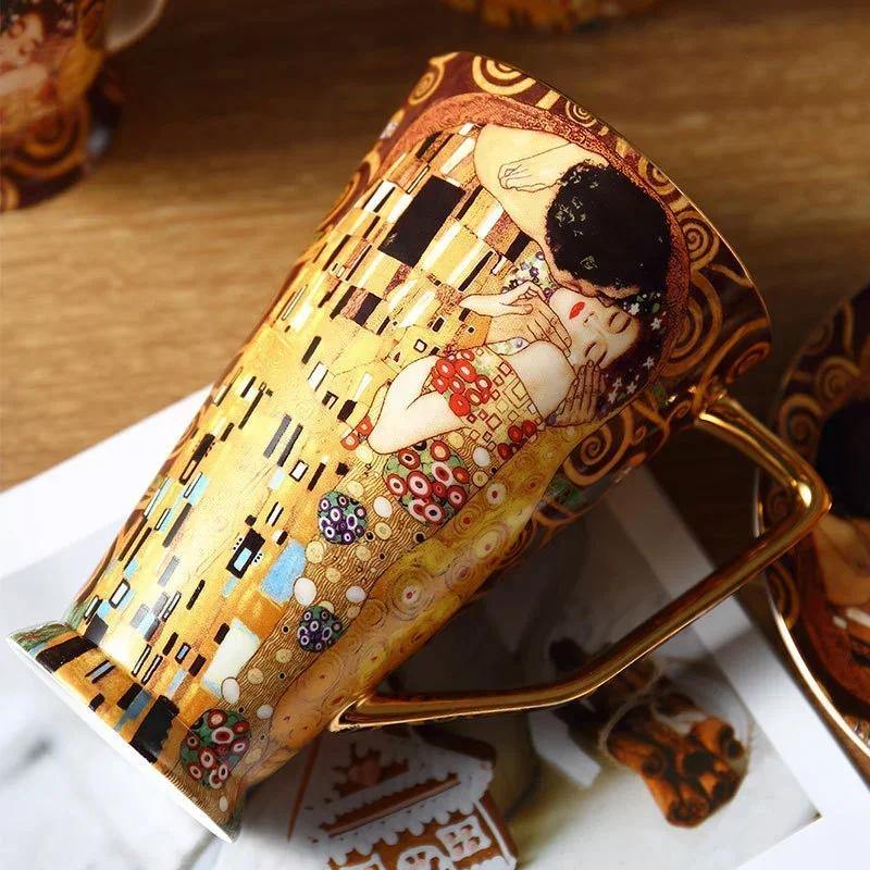 

Густав Клімт Набір кавових чашок з кістяної порцеляни Розкішна порцелянова чашка для чаю Кавова кружка з кришкою Столовий посуд Весільний подарунок Домашній декор As show