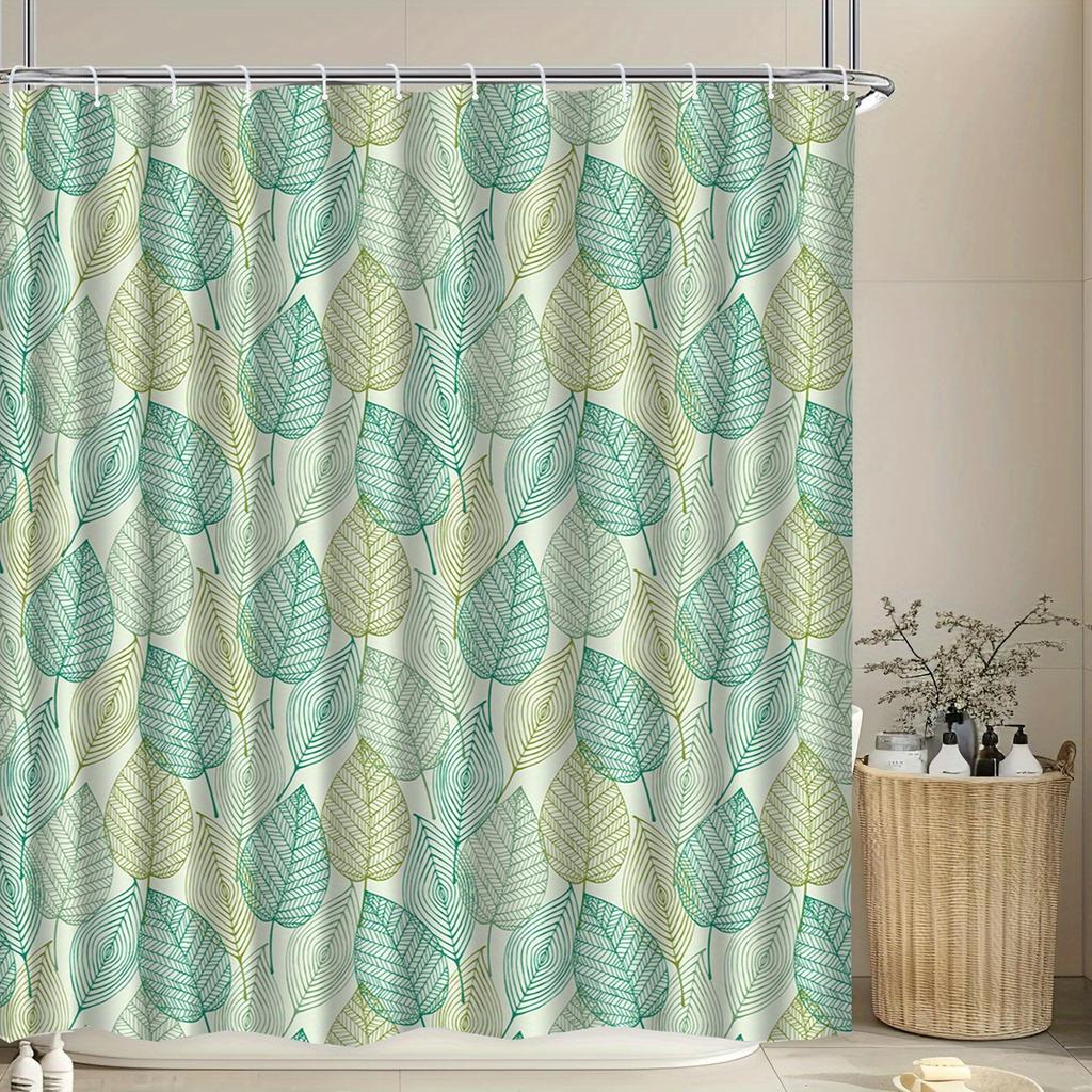 1pc Luxury Leaf Pattern Shower Curtain, Made of Polyester Fabric, Machine Washable, with Hooks, Suitable for Bathroom Décor.