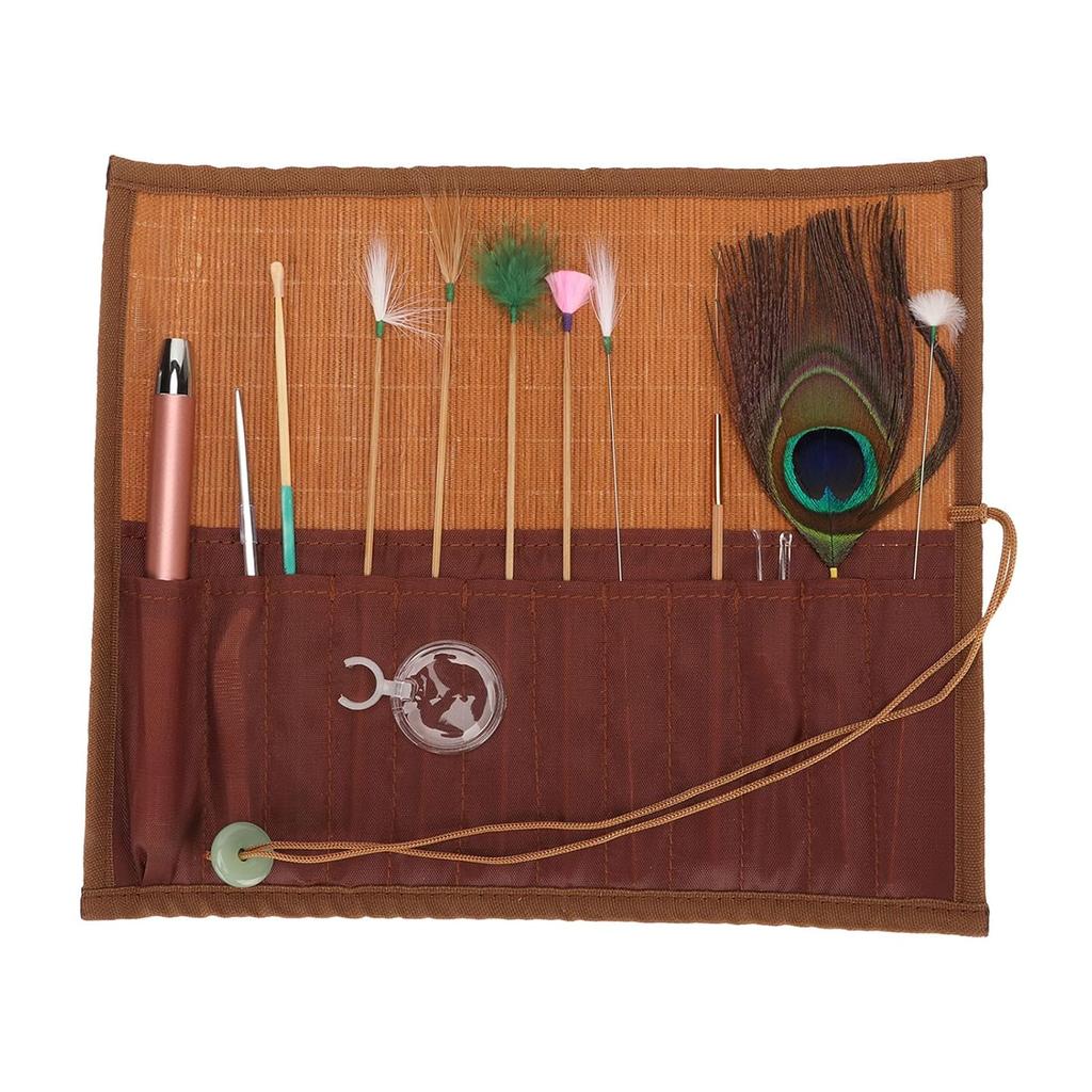 Ear Wax Cleaning Tool Kit with Ear Pick, Stick, Portable Design, Stainless Steel, Bamboo, Wood and for Massage