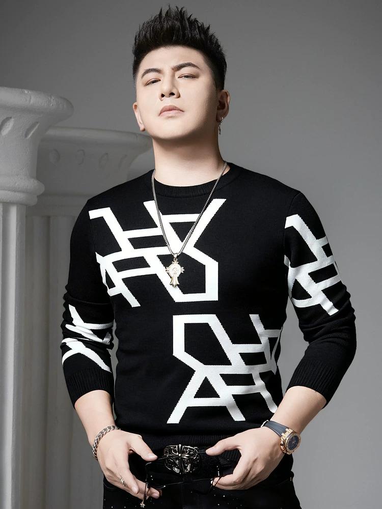 

European Casual Round-Neck Sweater for Men 2025 Autumn and Winter New Trendy Geometric Print Knitwear Base Shirt M чёрный