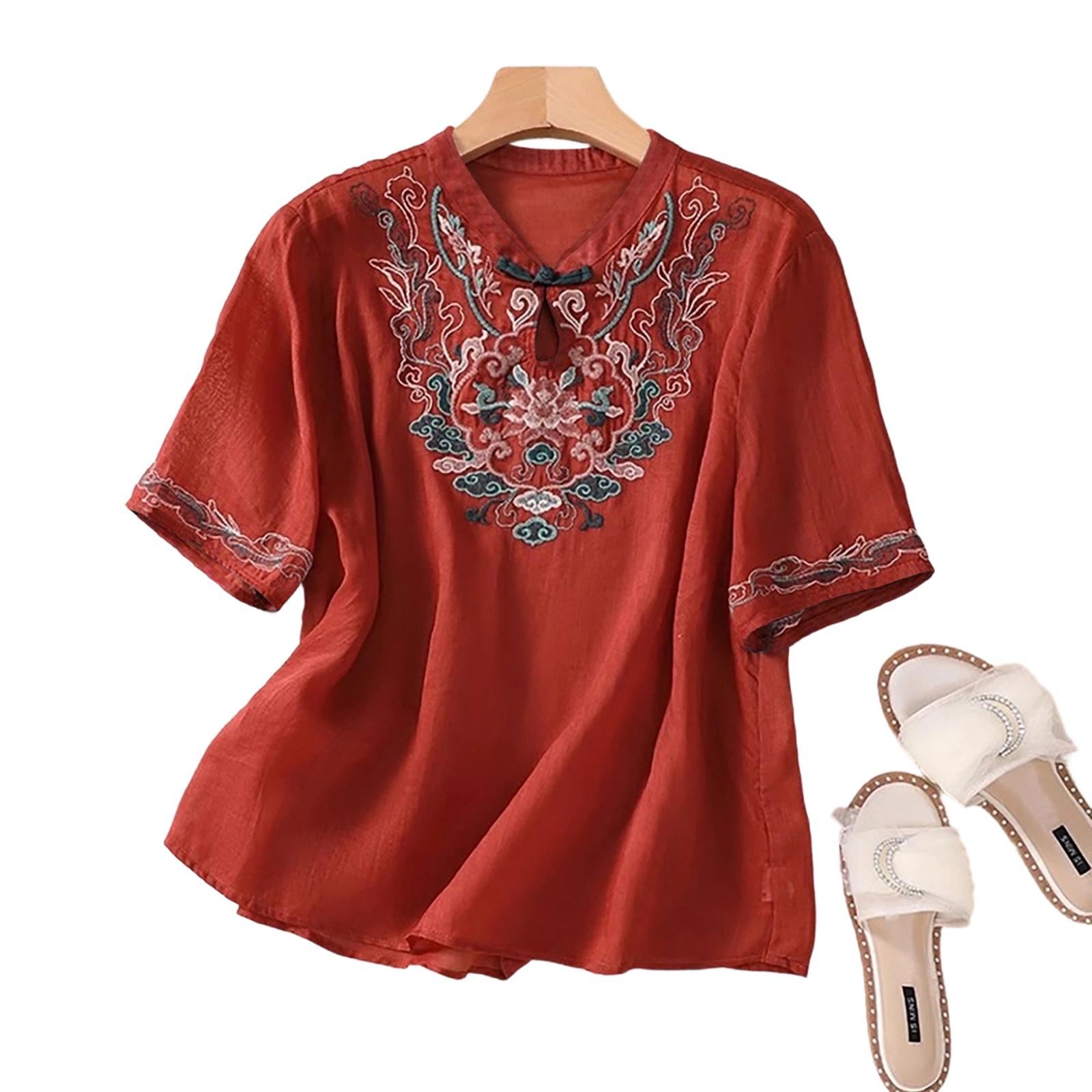 Women s Fashion  Color Loose Casual Round Neck Cotton Linen Top M красный