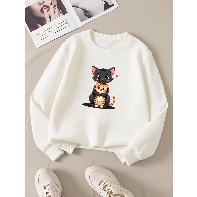 European Sizes Cute Cats Hugging Together Girls' Crew Neck Sweatshirt, Autumn Winter Western Top, Long Sleeved Casual.