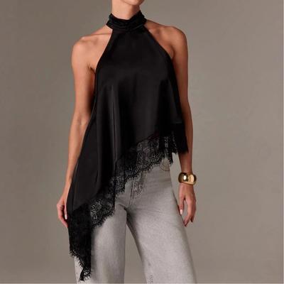 Nouveau Haut d'Été Fashionable pour Femme, Sans Manches, Satiné, Col Halter avec Bordure en Dentelle