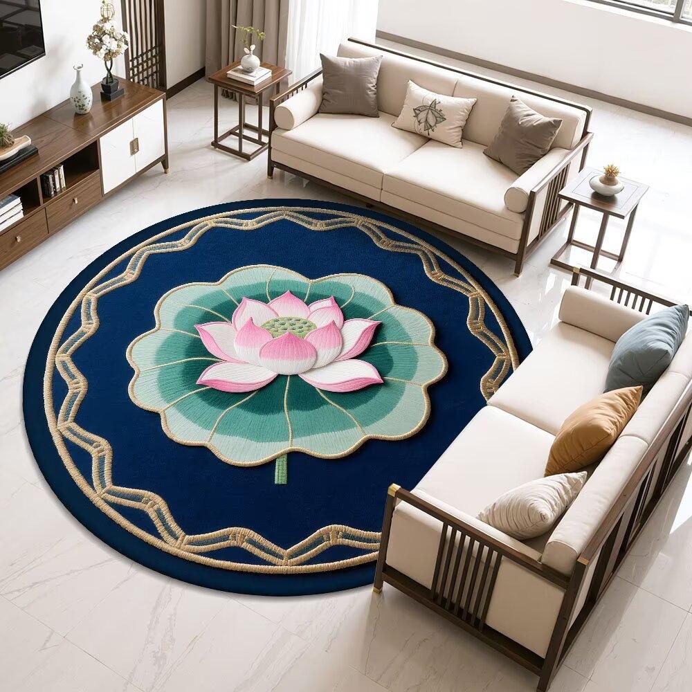 Lotus-Round Rug – Easy-Clean Meditation  Living Room Decor Rug with Chinese Floral Motif