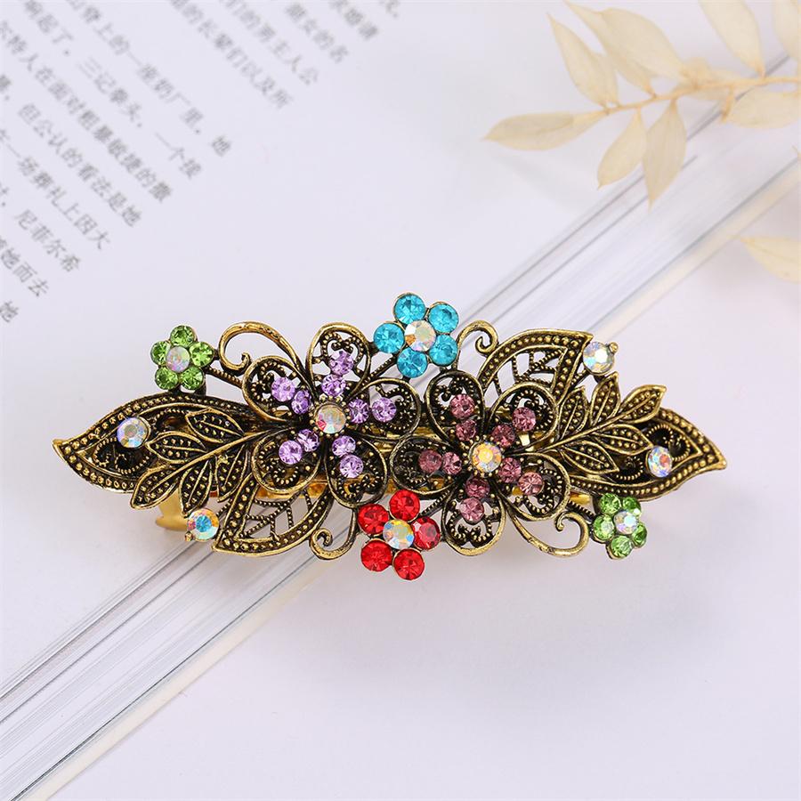 Korean Fashion Retro Colorful Rhinestone Hairpin Elegant Ladies Bronze Metal Flower Plate Hair Top Clip Headband Hair Accessory