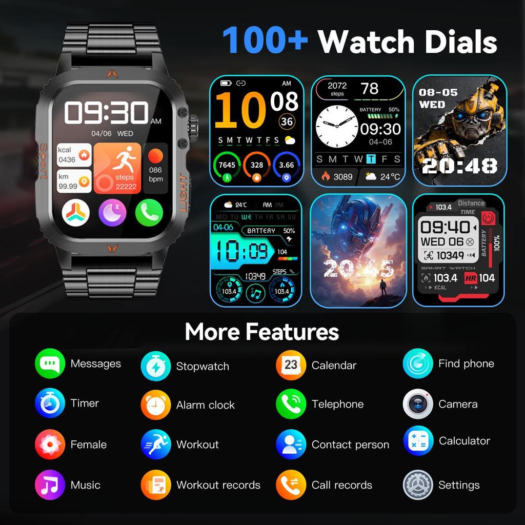 Robustes und langlebiges Militär-Smartwatch 1500mAh Akku 30-Tage Blouetooh Anruf Multifunktionalität, LED-Taschenlampe 150 Sportmodi Android iPhone.