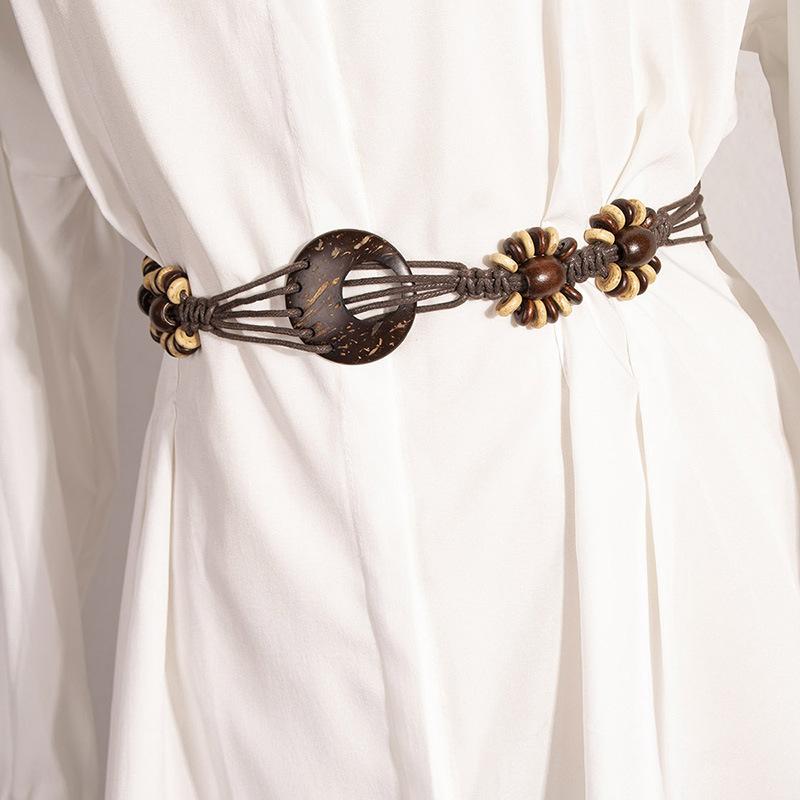 Boho Belt, Coconut Shell, Wood Beads, Hand-woven Natural Vacation Style Wax Rope for Women's Belt, Ethnic Style Waist Rope