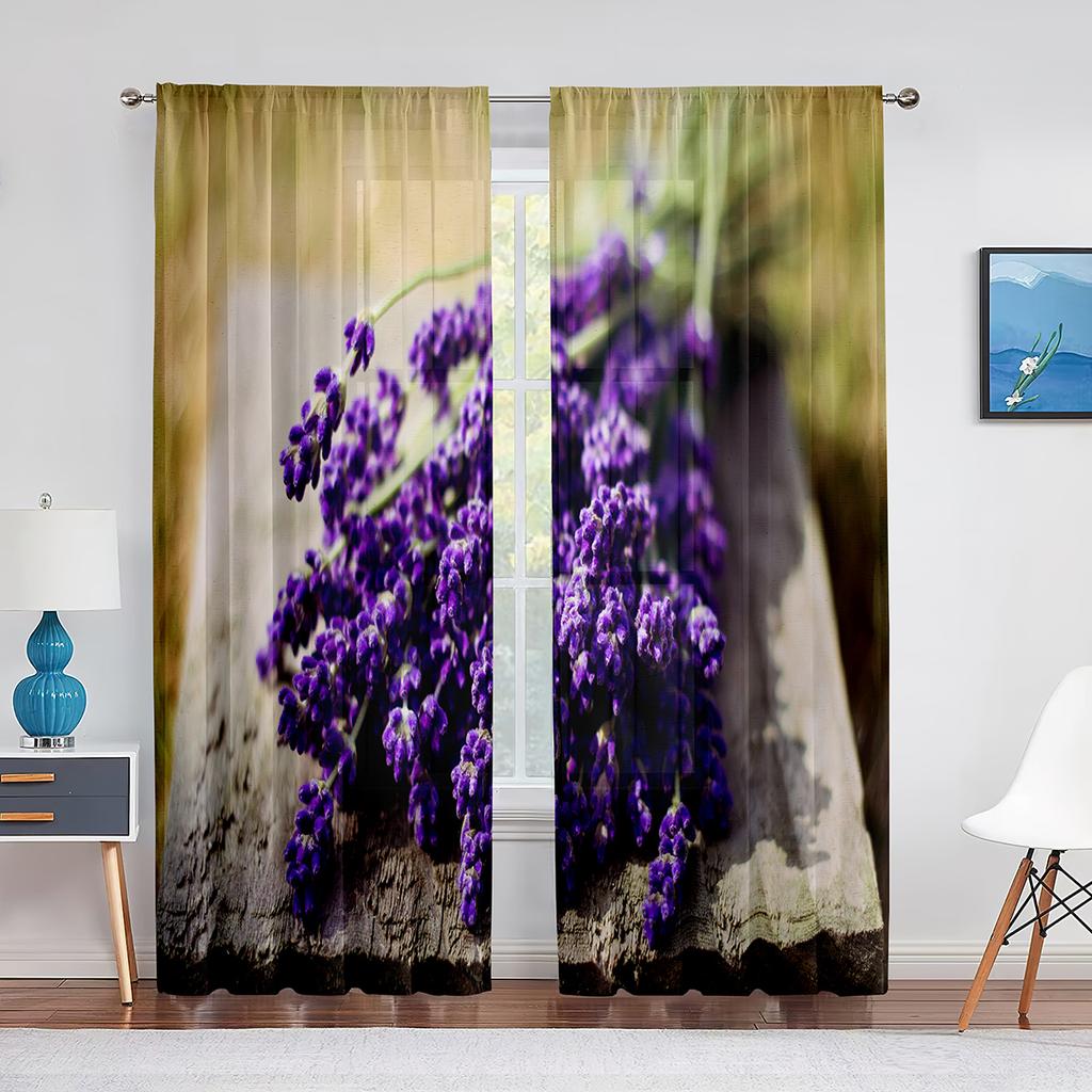 Rustic Lilac Flower Purple Lavender Floral Sheer Curtains for Living Room Bedroom Kitchen Tulle Voile Curtains Windows Drapes