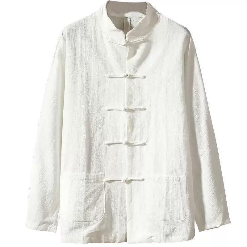 Men's Spring and Autumn Plus Size Solid Colour Chinese Linen Long Sleeved Plate Buckle Cotton Shirt Stand Up Collar Retro Shirt
