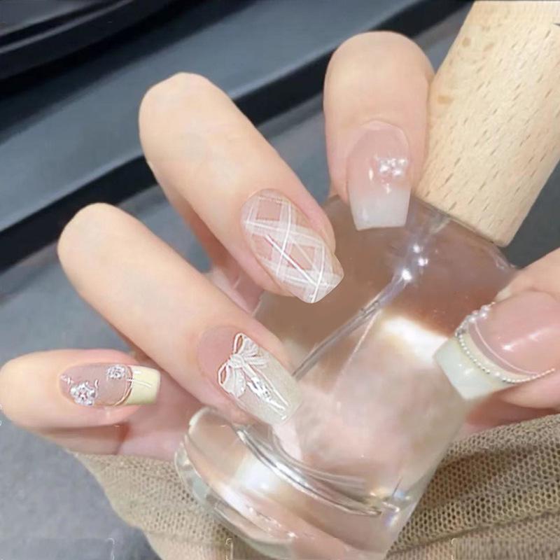 Elegant French Bow Press-On Nails: Cute, High-End Stickers for Whiter-Looking Hands