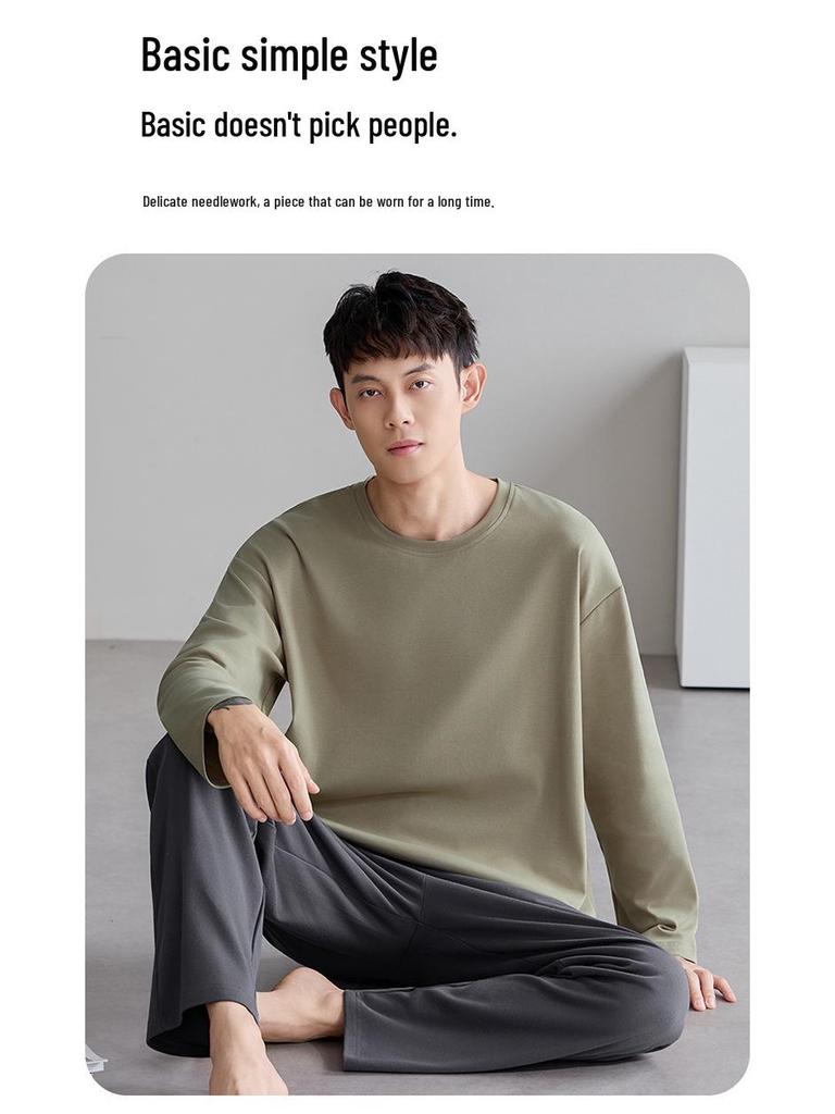 Men's 2025 Pure Cotton Pajamas - Solid Color Long Sleeve & Pants Set for Spring, Autumn, Winter
