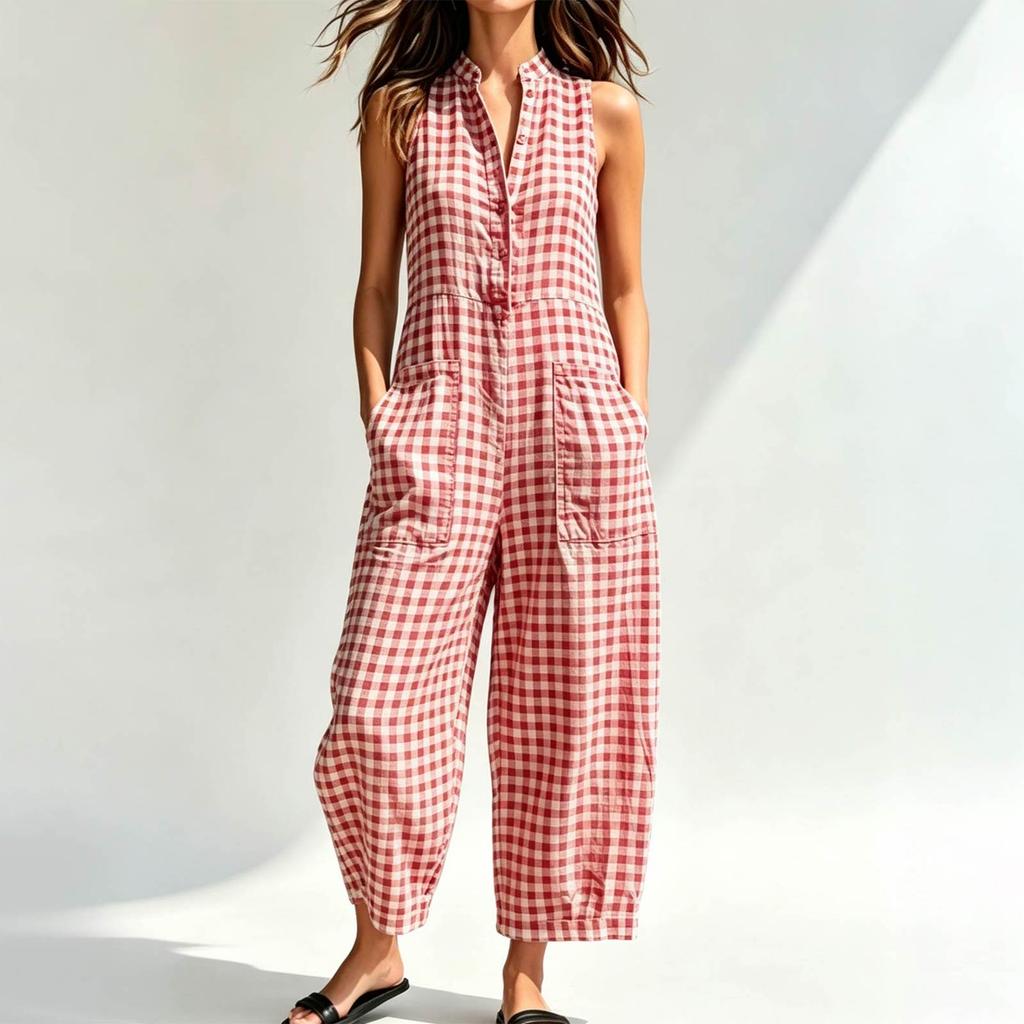 Αμάνικο Jumpsuit με V λαιμό και τσέπες για Γυναίκες, Casual, Χαλαρή εφαρμογή, Φαρδύ πόδι, Μονοκόμματο, Καλοκαιρινό Romper