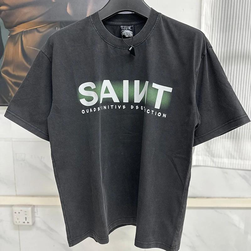 Unisex Unisex Couple Classic Green Box Logo Print Saint Tshirt Top Quality Cotton Oversized Tee Tops Vintage Washed Black T Shirt