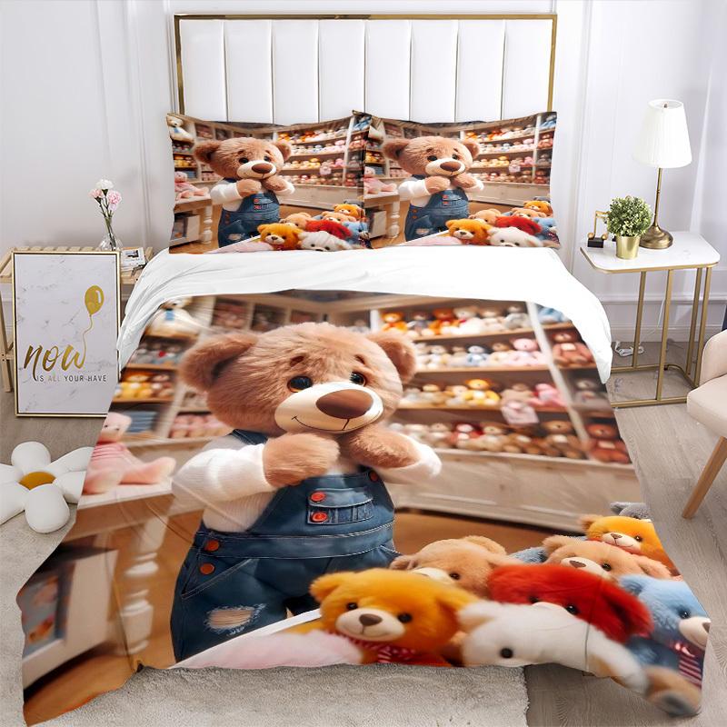 3pcs Teddy Bear Bedding Set - Includes One Quilt Cover and Two Pillowcases (No Core) - Anime Cartoon Design, Polyester Fabric, Suitable for