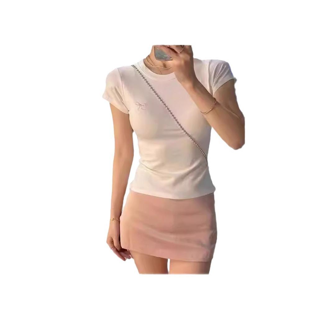 Summer Pure Desire Spice Girl Skinny Bow Embroidered Half Sleeve Top Women's Simple Temperament Fashion T-Shirt
