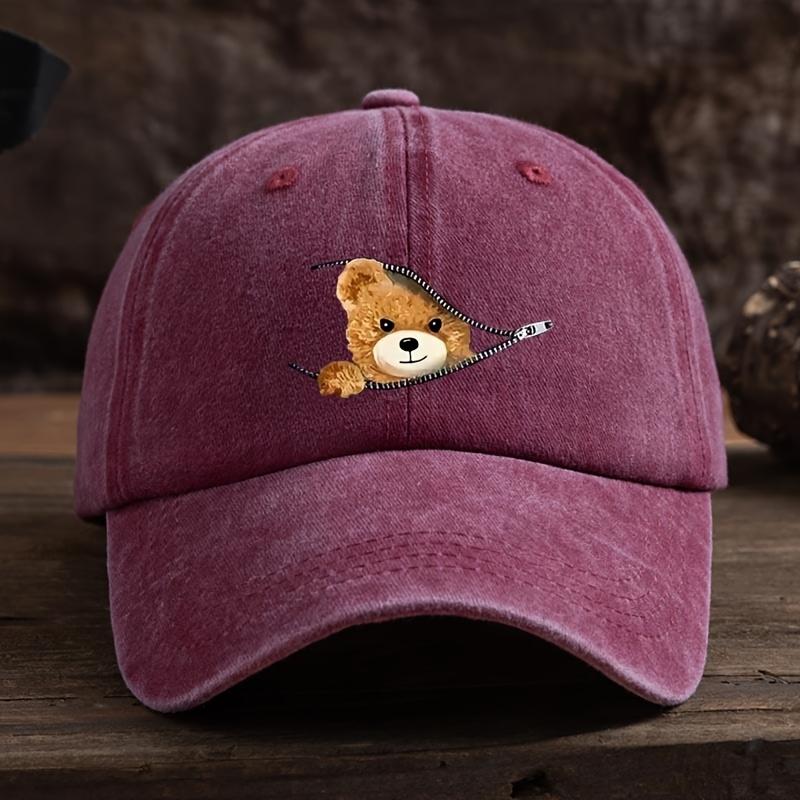 Zippered Bear Print Baseball Cap, Outdoor Sun Protection Cap, Stylish Full Duckbill Cap, Black, Machine Washable Baseball Cap