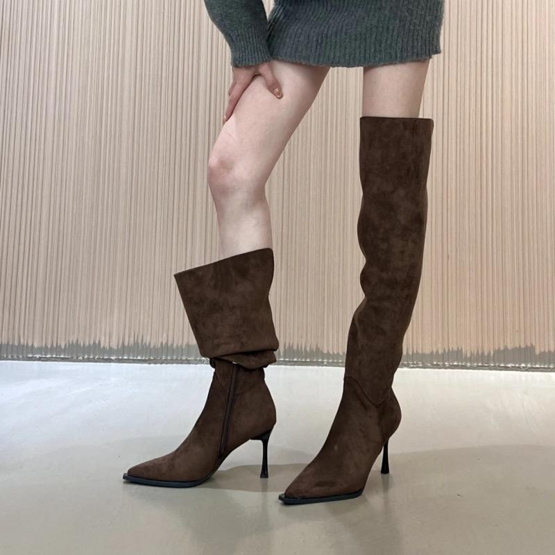 Suede Stiletto High Boots  Fashion Pointed Toe Side Zipper Soft Sole Non-Slip Wear-Resistant High Heels