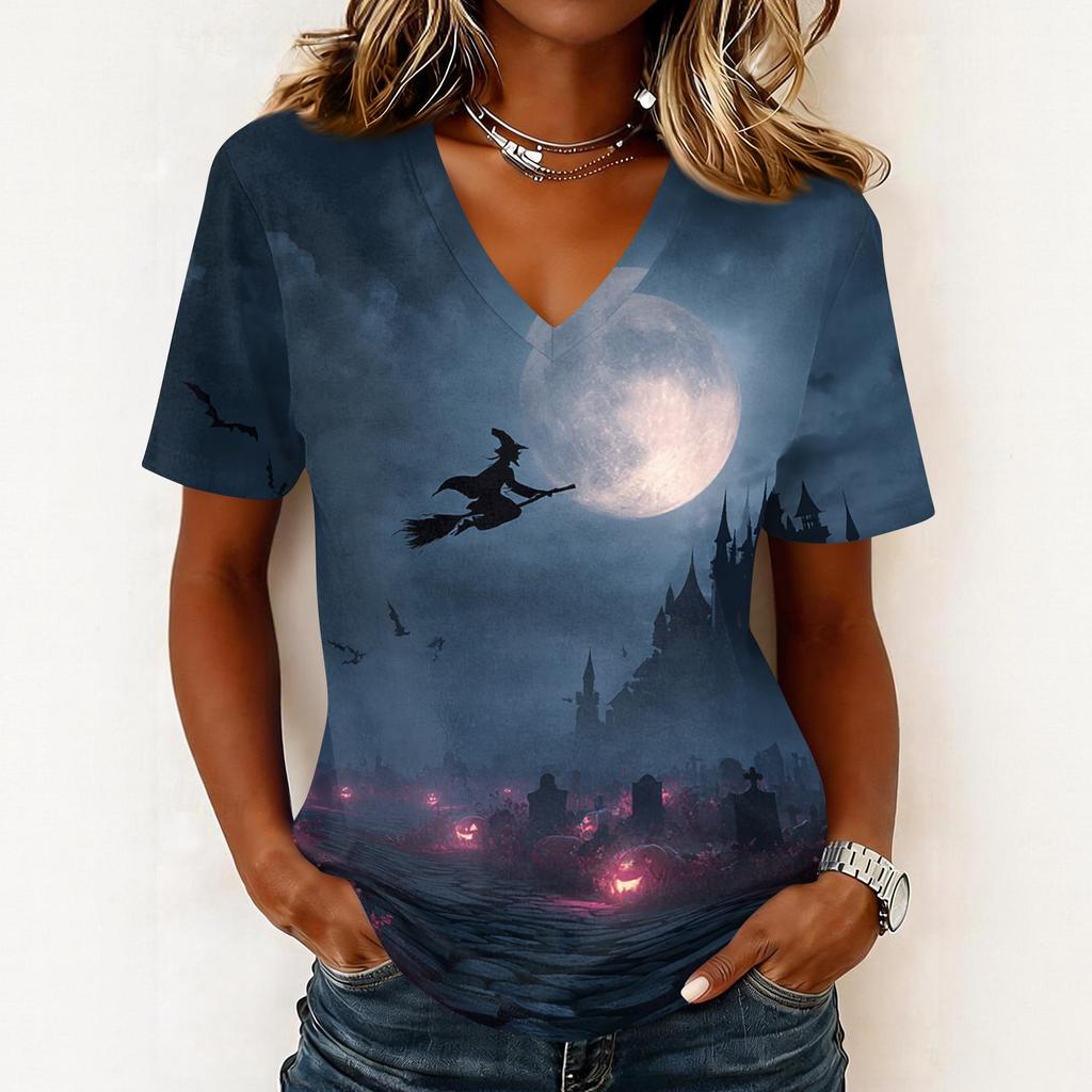 Women's Casual Short Sleeve V Neck Pullover Top Halloween Themed Graphic Print Lightweight Comfortable Fit