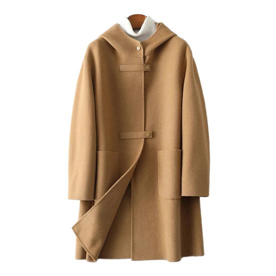 Dámský dlouhý vlněný kabát s kapucí Jednořadý ležérní vlněný trenčkot s kapsami Podzimní zimní svrchní oblečení