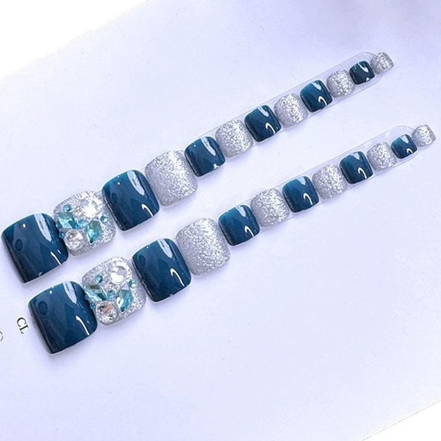 Sparkly Blue Rhinestone Handmade Removable Toe Nails - Glitter Finish