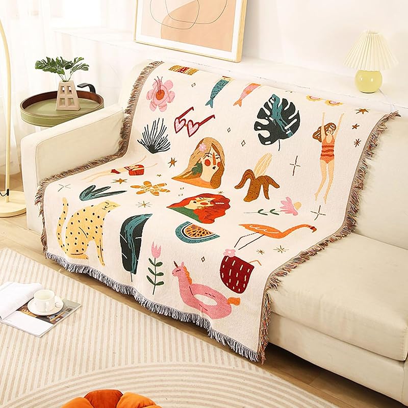 Double-Sided Cotton Woven Throw Blanket with Tassel Jungle Bohemian Style Tapestry Shawl Multi-Function Decorative Throws for Sofa Bed Armchair