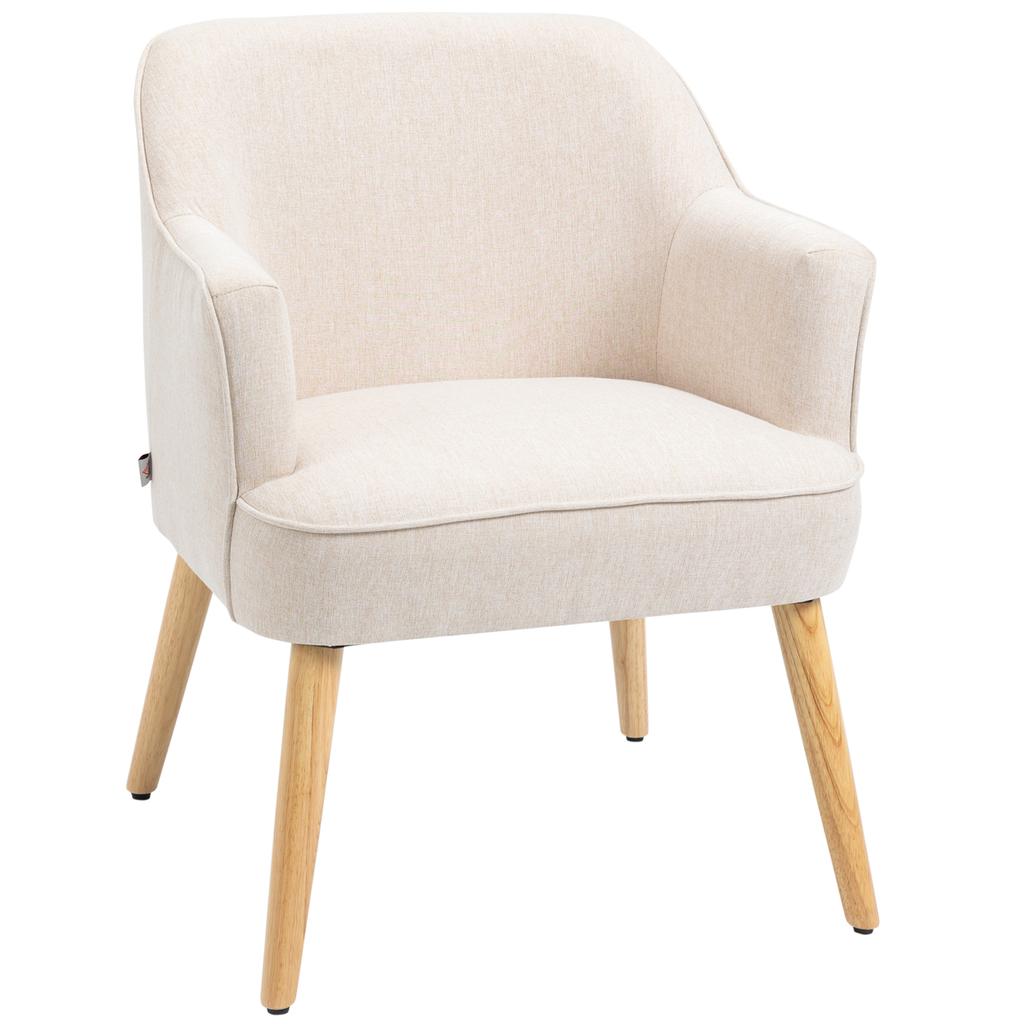 Armchair, Synthetic Linen Upholstered, Wooden Legs, 64.5 x 65 x 79.5 cm, Cream