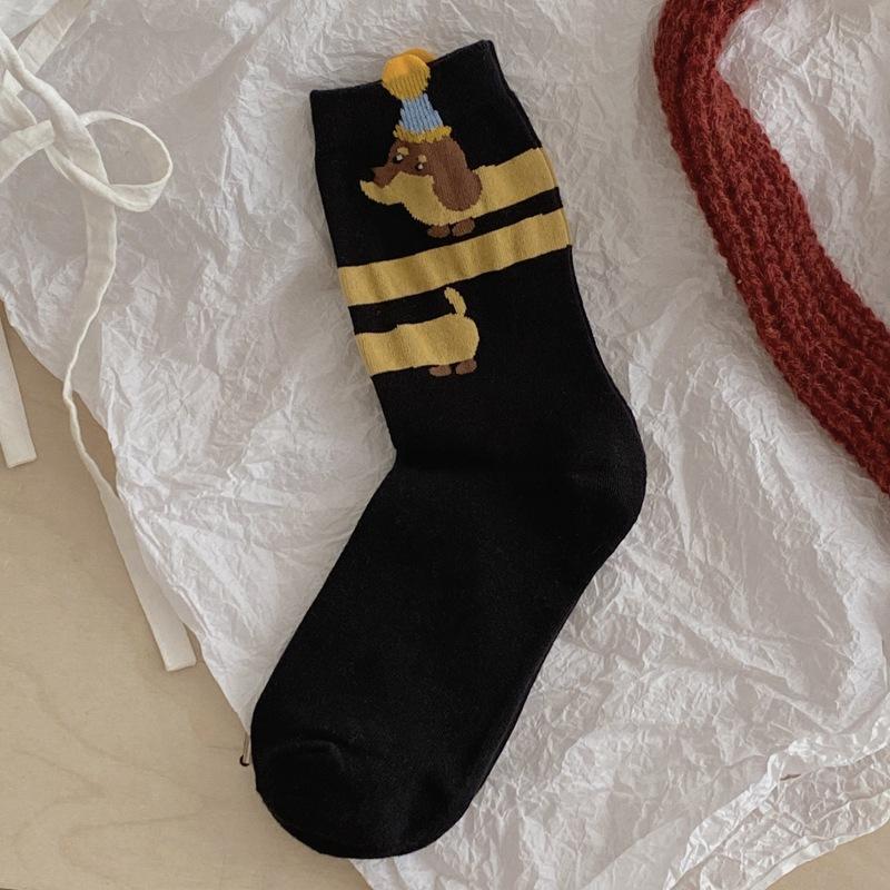 

Осенне-зимние щенячьи гольфы до середины икры, полосатые гольфы с мультяшным даксхундом, милые сезонные носки 1 pair чёрный