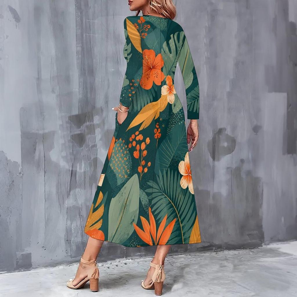 Women Plus Size V Neck Long Sleeve Red Floral Printed A Line Midi Dress With Pockets