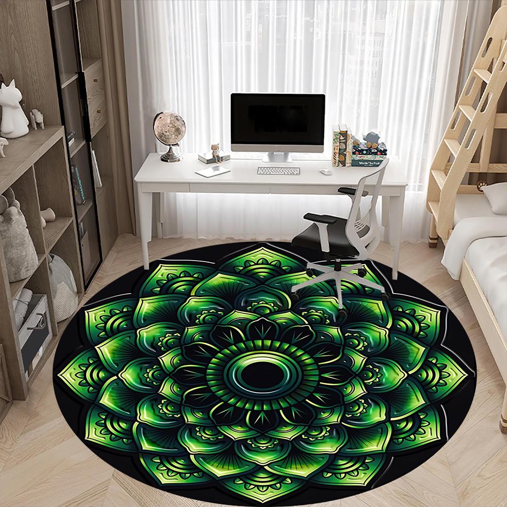 1pc Mandala Green Pattern Carpet for Office Non Slip, Round Carpet, Soft & Comfortable, Carpet for Office, Lightweight Round Floor Mat