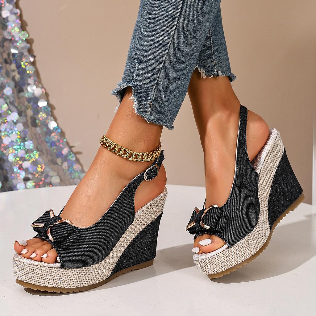 Peep Toe Bow-Knot Slingback Sandals Espadrille Platform Wedges Breathable Denim Sandals Ankle Strap Casual Summer Shoes Woman