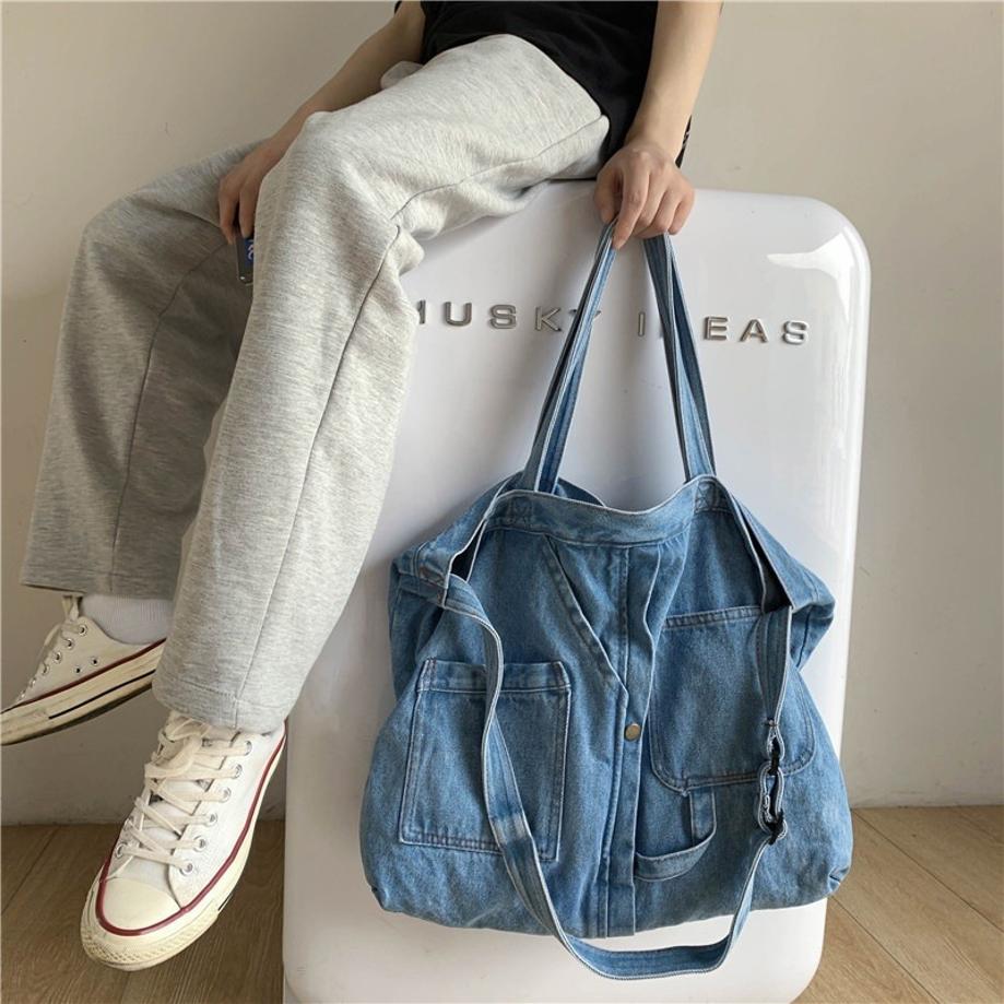 Washed Denim Blue Unisex Shoulder Messenger Bag Women Large Capacity Student Schoolbags Trendy Cool Male Female Crossbody Bag