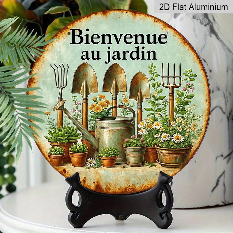 2D Flat, 1pc Round French Aluminum Sign, Vintage "Welcome to the Garden" Decor Plaque - Garden Tools & Plants Wall Plaque, Decor Sign for Balcony