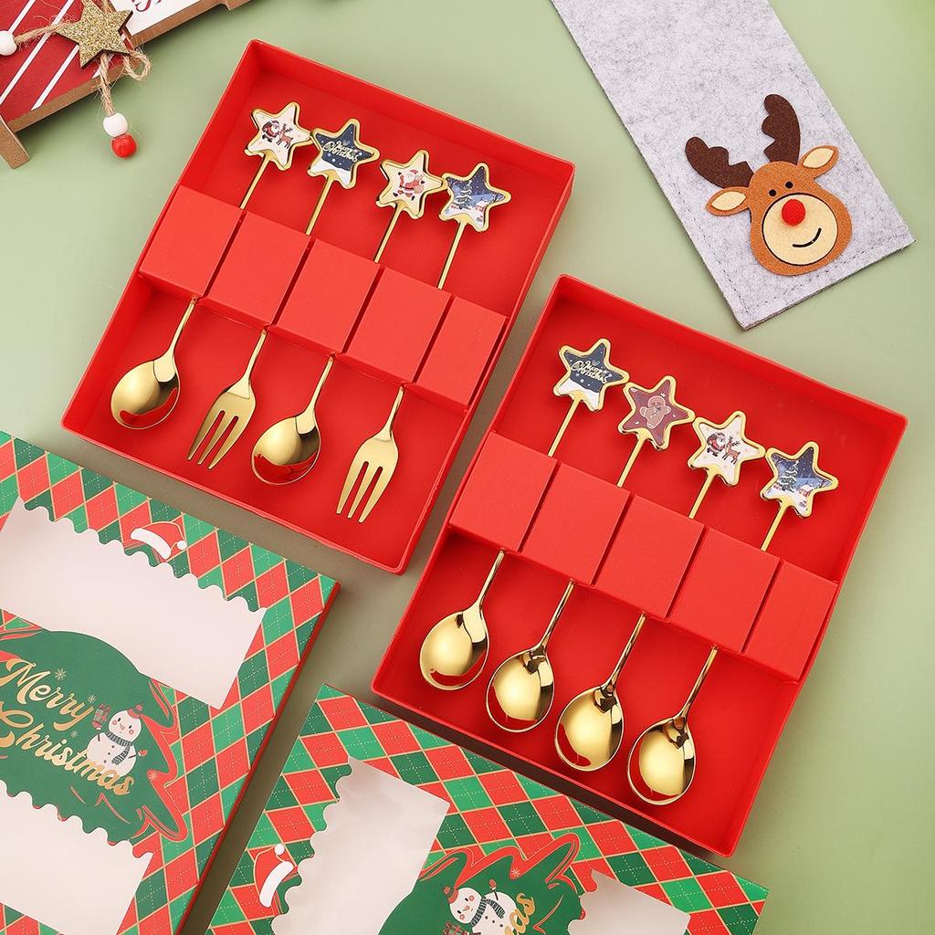 Christmas Eve Dessert & Fruit Fork Set: Gold Star & Tree Design