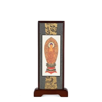 Urbaner Workshop Amitabha Buddha Stehender Hängerollbild (Nussbaumfarbe) Holzrahmen Buddhistische Altar-Accessoires Mini-Größe 20 cm hoch x 9 cm breit