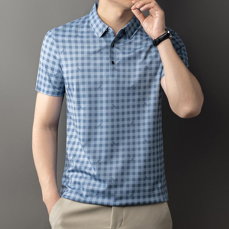 Summer Printed Ice Silk Plaid Traceless T-Shirt Polo Shirt Short Sleeve Men'S Lapel Casual Breathable Top