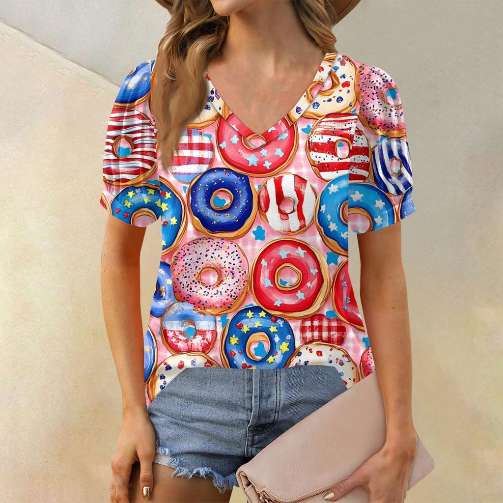 Women's Fashion Independence Day Print Top Puff Short Sleeve V-neck T-shirt Loose Casual T-shirt