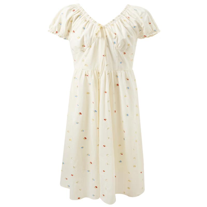 Summer 100% Cotton Embroidered V-Neck A-Line Maxi Dress M