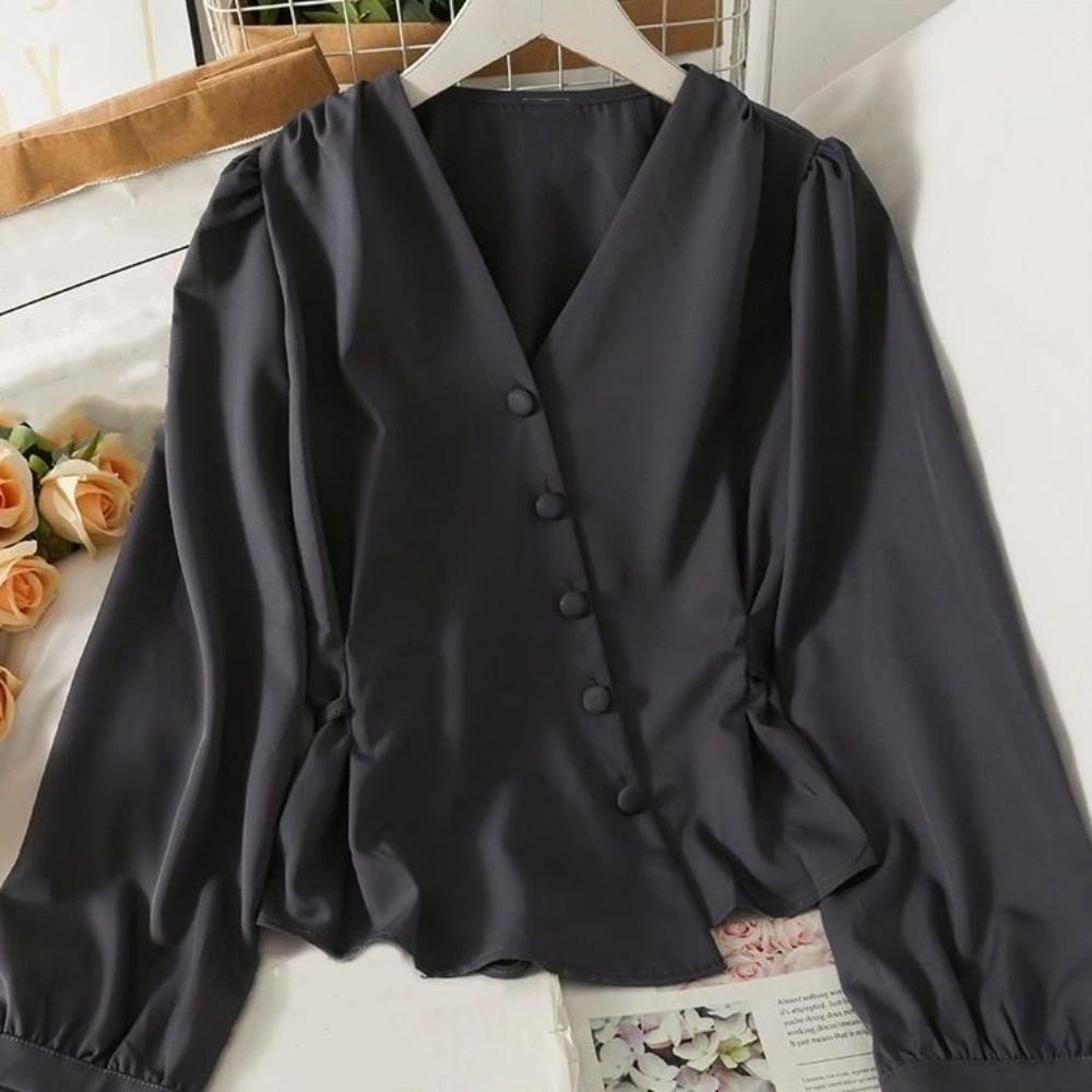 Slim Fit Long Sleeve Shirts V-neck Office Ladies Tops Fashion Button Up Blouse  Office
