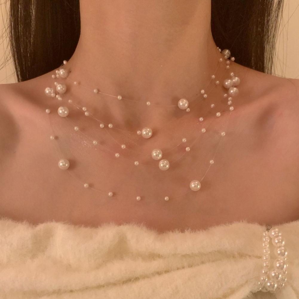 Elegant White Pearl Necklace Women's Clavicle Chain 2025 Chain High-End Sweater Multi-Layer New Q1R0