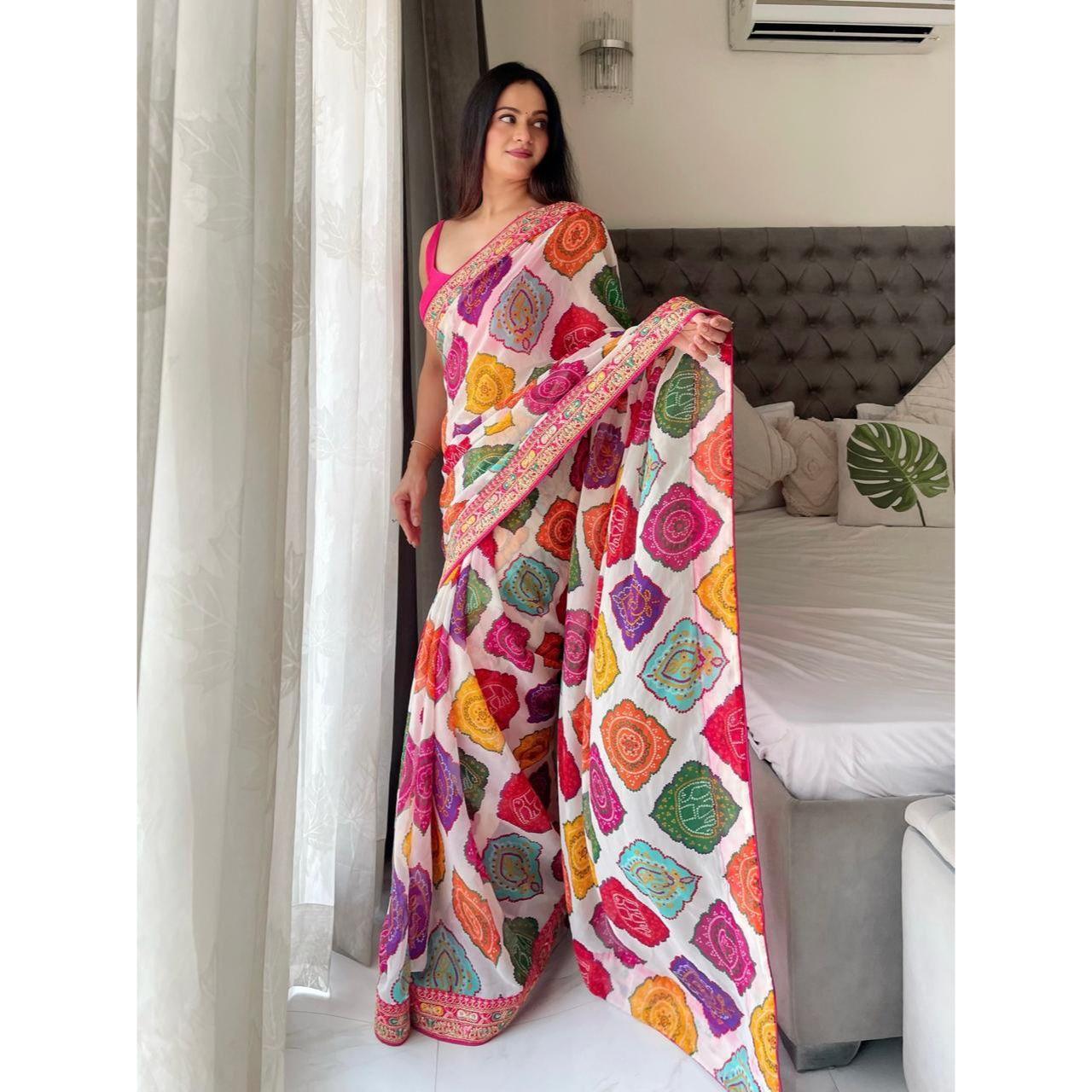 Party Wear Soft Georgette Bandhej Saree – Rajwadi Elegance Embroidery Edition белый
