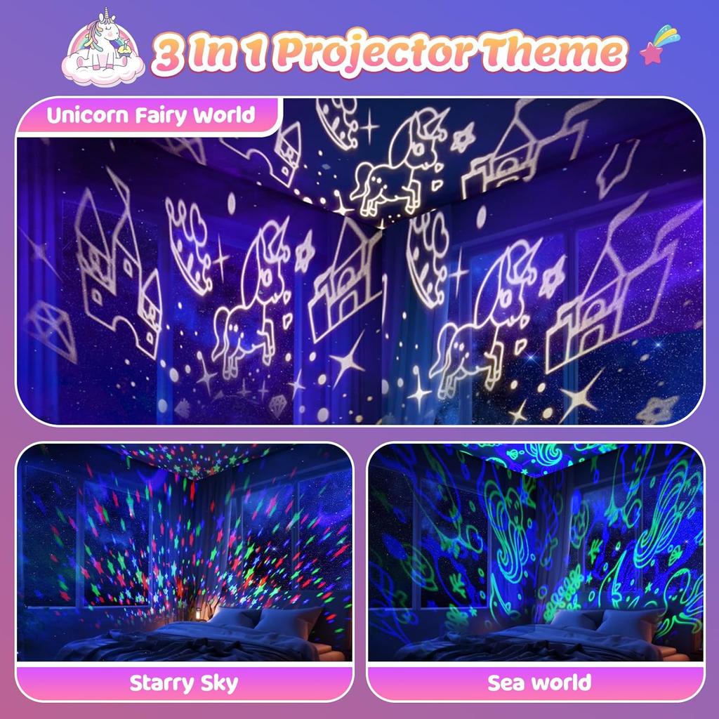 Unicorn Night Light Kids Toys 3 in 1 Unicorns & Starry Sky & Sea World Nights Lights Projector for 3 4 5 6 7 8 9 10 11 12 Year Old Girls, Christmas