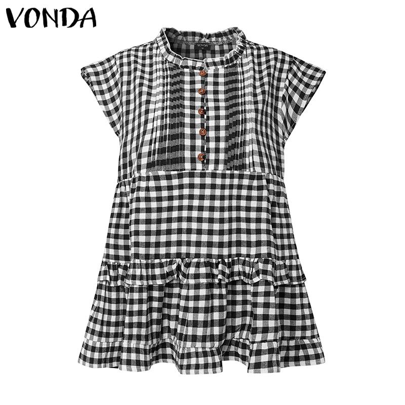 

VONDA Women Stand Neck Casual Sleeveless Plaid Print Tank Tops M