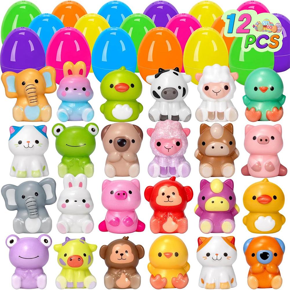 12/24/48 Pack Kids Easter Egg Hunt Game Party Favors Prefilled Easter Eggs Stress Relief Toys with Mini Plush Toy Easter Basket