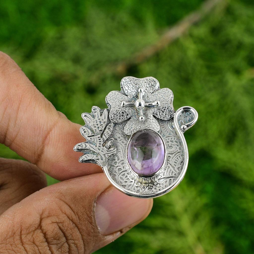 925 Sterling Silver Oval African Amethyst Stone Flower Promise Wife Ring Jewelry