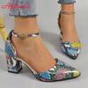 Aphixta 5cm Square Heel Summer Ankle Strap Pointed Toe Sandals Women Snake Prints Green Leather Open Shoes Pimp Plus Size 46