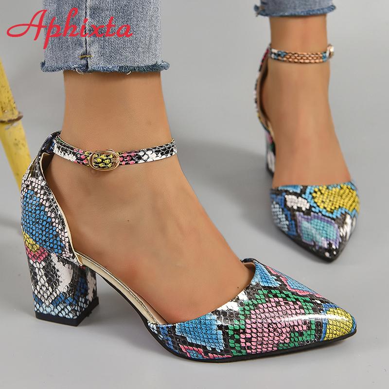 Fashion Aphixta 5cm 7cm Square Heel Summer Ankle Strap Pointed Toe Sandals Women Snake Prints Green Leather Open Shoes Pimp Plus Size 46