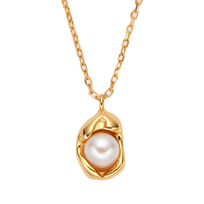 S925 Sterling Silver Natural Gemstone Freshwater Pearl Pendant Necklace Plated With 18K Real Gold Collarbone Chain Niche Cold Feeling Women