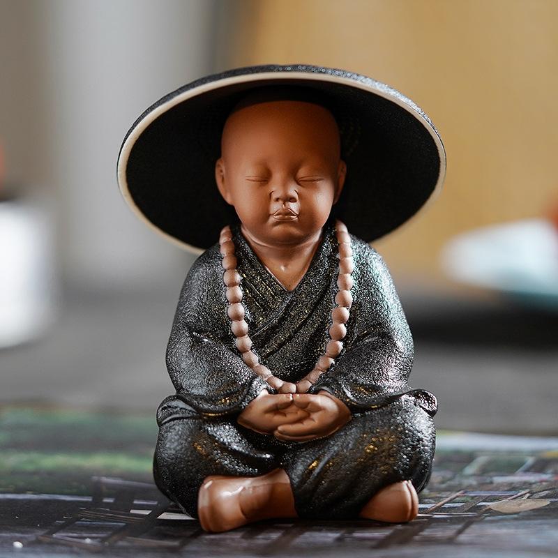 Black Pottery Buddhist Monks Miniature Figurines Buddha Statue Sculpture Tea Filter Funel Set Ornaments Home Docor Decoration