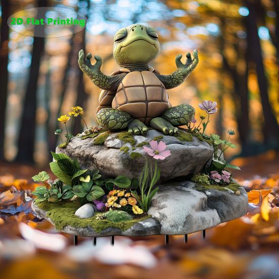 Yoga Turtle Garden Stake, 2D Flat Acrylic Sitting Zen Turtle Decoration, Sit in Meditation Turtle Yard Art Stake for Planter Lawn Plant Pot