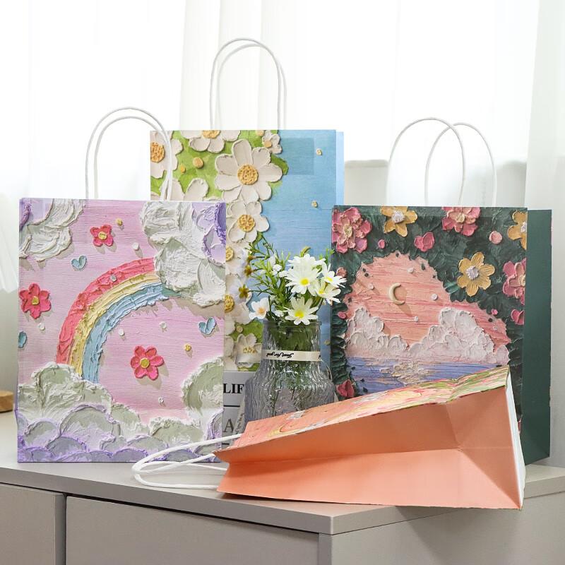 Gift Bags, Birthday Present Handbags, Holiday Gift Storage Bags, High-End Shopping Packaging Bags, Cute Paper Bags with Oil Painting Landscape